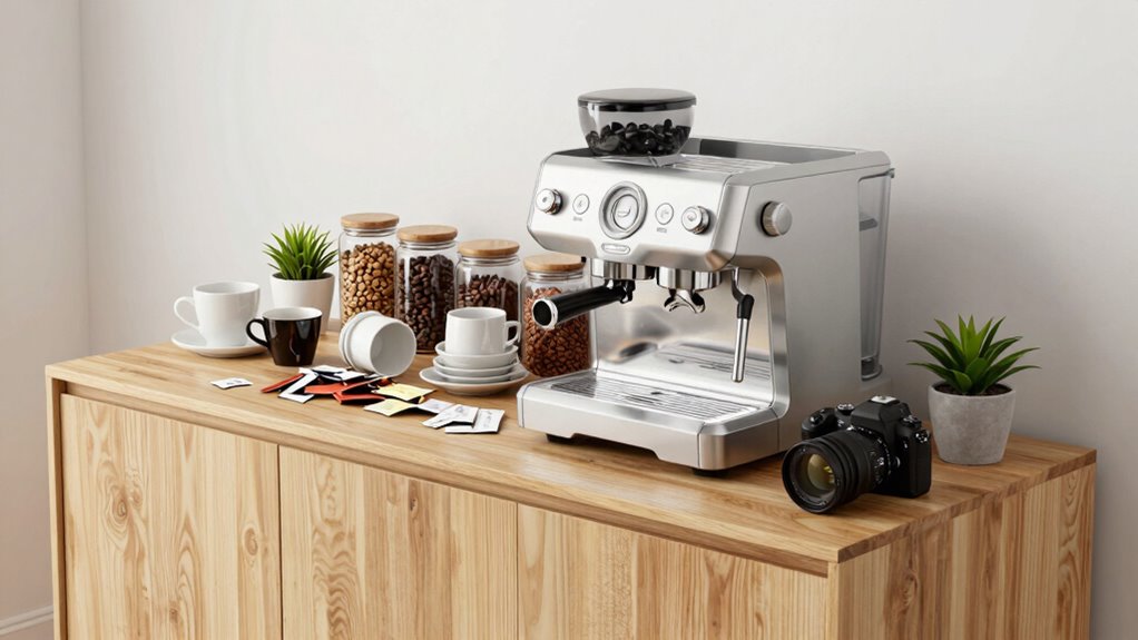 cluttered coffee station accessories